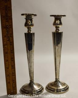 Pair of Weighted Sterling Silver Candlesticks; Engraved; 10" tall.