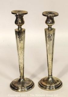 Pair of Weighted Sterling Silver Candlesticks; Engraved; 10" tall.