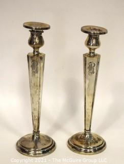 Pair of Weighted Sterling Silver Candlesticks; Engraved; 10" tall.