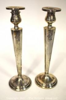 Pair of Weighted Sterling Silver Candlesticks; Engraved; 10" tall.