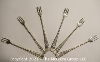 Set of Six (6) Art Deco Style Silver Plated Pickle Forks. 