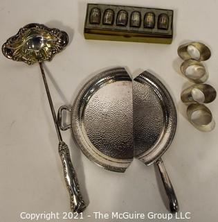 Vintage Sterling Silver and Silver Plate Items.  Includes Sterling Silver Salt & Pepper Shakers in Box, Punch Ladel with Weighted Sterling Silver Handle and Silver Plated Crumb Catcher