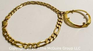 14kt Gold Stamped Flat Link Bracelet with Damaged Pendant Bezel Frame; 15g