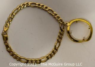 14kt Gold Stamped Flat Link Bracelet with Damaged Pendant Bezel Frame; 15g