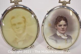 Two (2) Antique Miniature Portraits; Woman Painted on Porcelain.  