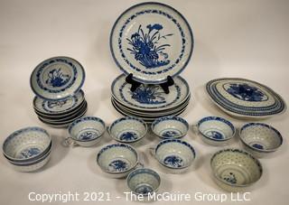 Vintage Set of Traditional Blue and White Rice Pattern Fine Porcelain China.  Various Makers or Chop Marks (TMG re-numbered)