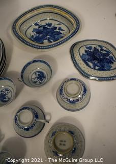 Vintage Set of Traditional Blue and White Rice Pattern Fine Porcelain China.  Various Makers or Chop Marks (TMG re-numbered)