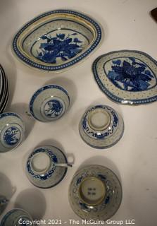 Vintage Set of Traditional Blue and White Rice Pattern Fine Porcelain China.  Various Makers or Chop Marks (TMG re-numbered)