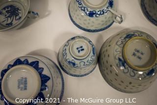 Vintage Set of Traditional Blue and White Rice Pattern Fine Porcelain China.  Various Makers or Chop Marks (TMG re-numbered)