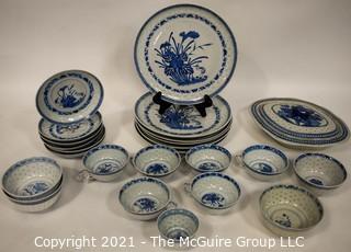 Vintage Set of Traditional Blue and White Rice Pattern Fine Porcelain China.  Various Makers or Chop Marks (TMG re-numbered)