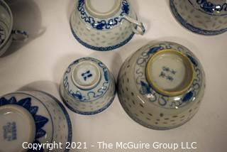 Vintage Set of Traditional Blue and White Rice Pattern Fine Porcelain China.  Various Makers or Chop Marks (TMG re-numbered)