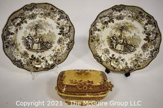 Two (2) Antique Old Davenport “Scotts Illustrations" Waverly Brown & White Transferware Porcelain Plates and Transferware Casserole