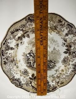 Two (2) Antique Old Davenport “Scotts Illustrations" Waverly Brown & White Transferware Porcelain Plates and Transferware Casserole