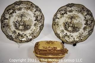 Two (2) Antique Old Davenport “Scotts Illustrations" Waverly Brown & White Transferware Porcelain Plates and Transferware Casserole