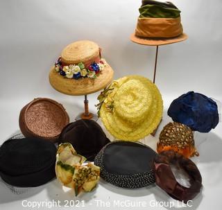 Collection of Vintage Hats Including Straw with Flowers, Cloches, Velvet and Fur Trimmed.