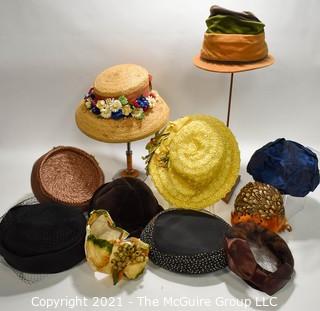 Collection of Vintage Hats Including Straw with Flowers, Cloches, Velvet and Fur Trimmed.