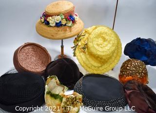 Collection of Vintage Hats Including Straw with Flowers, Cloches, Velvet and Fur Trimmed.