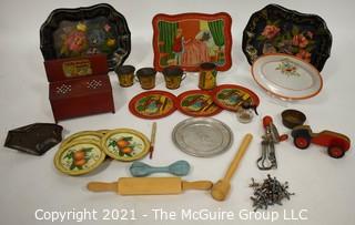 Grouping of Children's Tea Sets and Play Kitchen Items Including Little Orphan Annie Stove.