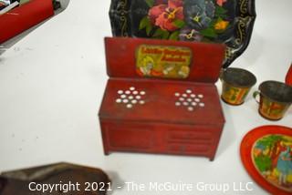 Grouping of Children's Tea Sets and Play Kitchen Items Including Little Orphan Annie Stove.