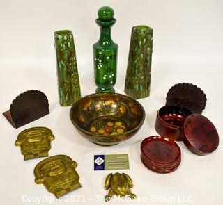 Eclectic Group Includes Brass Frog, Lacquer Bowl and Coasters, Mid Century Ceramic Candlesticks, Peacock Folding Bookends and Brass Figuires