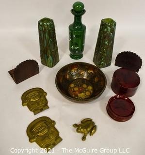 Eclectic Group Includes Brass Frog, Lacquer Bowl and Coasters, Mid Century Ceramic Candlesticks, Peacock Folding Bookends and Brass Figuires