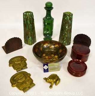 Eclectic Group Includes Brass Frog, Lacquer Bowl and Coasters, Mid Century Ceramic Candlesticks, Peacock Folding Bookends and Brass Figuires