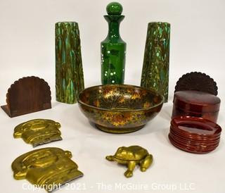 Eclectic Group Includes Brass Frog, Lacquer Bowl and Coasters, Mid Century Ceramic Candlesticks, Peacock Folding Bookends and Brass Figuires