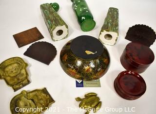 Eclectic Group Includes Brass Frog, Lacquer Bowl and Coasters, Mid Century Ceramic Candlesticks, Peacock Folding Bookends and Brass Figuires