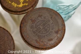 Selection of Vintage Blown Glass Canning Supplies and Baby Brand Condensed Milk Jars with Lids.