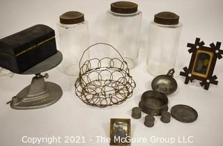 Group Including Apothecary Glass Cannisters, Primitive Wire Egg Carrier and Adirondack Wood Frame Photo