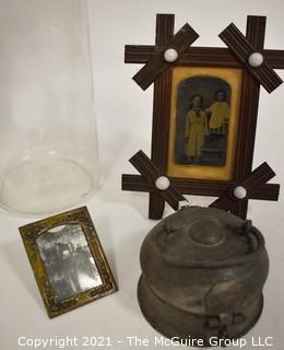 Group Including Apothecary Glass Cannisters, Primitive Wire Egg Carrier and Adirondack Wood Frame Photo