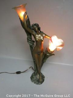 Bronze Art Deco Lamp; circa 1920's; Marina Paris (19 1/2"T; resting on metal tripod stand (48"T) 