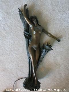 Bronze Art Deco Lamp; circa 1920's; Marina Paris (19 1/2"T; resting on metal tripod stand (48"T) 