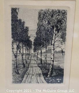 Two Framed Art Black & White Lithographs of Tree Lined Roads