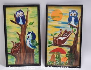 Pai of Framed Original Art with Whimsical Owls and Squirrels.  Measures 12" Tall.