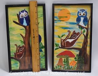 Pai of Framed Original Art with Whimsical Owls and Squirrels.  Measures 12" Tall.