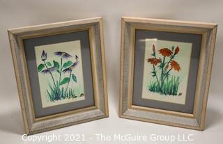 Pair of Framed Underglass Watercolor Paintings of Flowers Signed by Artist 1989