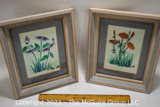 Pair of Framed Underglass Watercolor Paintings of Flowers Signed by Artist 1989