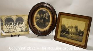 Framed Oval Antique Litho of George Washington Family; School Class Photo and Photo of House