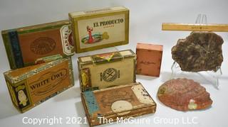 Group of Vintage Cigar Boxes, Abalone Shell and Polished Slice of Petrified Wood Fossil