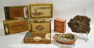 Group of Vintage Cigar Boxes, Abalone Shell and Polished Slice of Petrified Wood Fossil