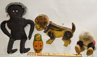 Group of Vintage Toys Including Black Americana Hand Made Rag Doll 