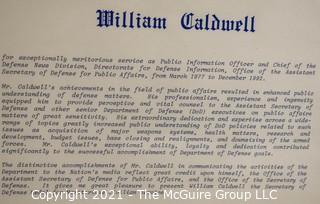 Meritorious Service Citation and Medal Presented to William Caldwell, signed by Dick Cheney, Secretary of Defense; framed under glass.  