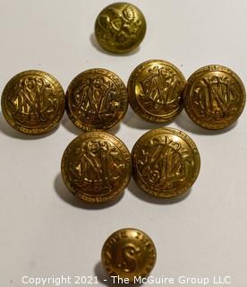 Eight (8) Vintage Brass Military Buttons; (6) Made by Waterbury. 