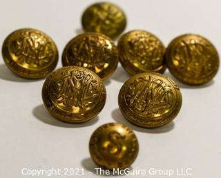 Eight (8) Vintage Brass Military Buttons; (6) Made by Waterbury. 