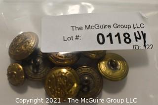 Eight (8) Vintage Brass Military Buttons; (6) Made by Waterbury. 