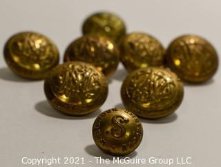 Eight (8) Vintage Brass Military Buttons; (6) Made by Waterbury. 