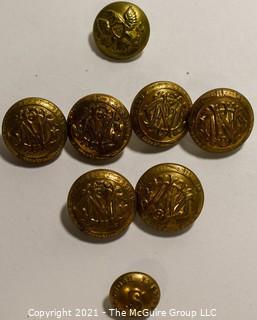 Eight (8) Vintage Brass Military Buttons; (6) Made by Waterbury. 