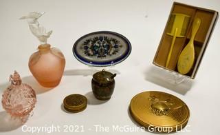 Vintage Vanity Table Items Including Perfume Bottles, Celluloid Brush Set, Powder Compact & Trinket Dish