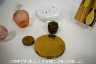 Vintage Vanity Table Items Including Perfume Bottles, Celluloid Brush Set, Powder Compact & Trinket Dish